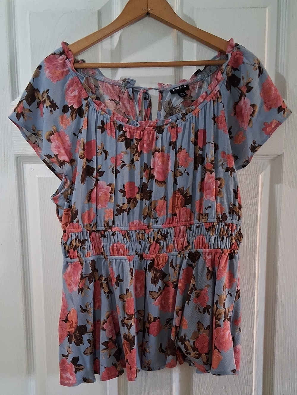 Torrid Blue Floral Smocked Waist Peasant Top